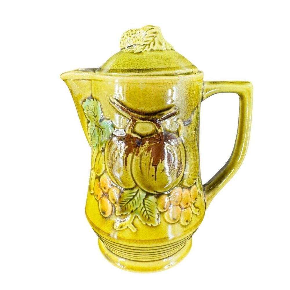 Ceramic Olive Green Teapot Carafe Fruit Veggies Decor Made in Japan Vintage
